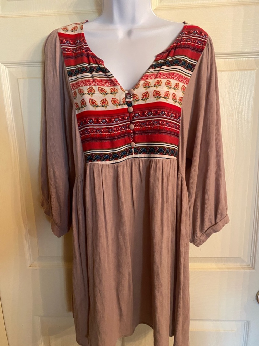 Boho Embroidered Tunic Dress in Mauve with Red Accent